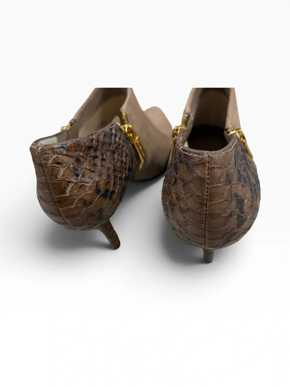 Michael Kors Clara Python Suede Ankle Booties Taupe Brown Gold Zip Size 8M